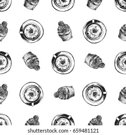Seamless pattern of hand drawn sketch style coffee cups and cupcakes. Vector illustration.