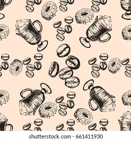 Seamless pattern of hand drawn sketch style coffee beans, donuts and coffee cups. Vector illustration.