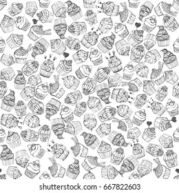 Seamless pattern of hand drawn sketch style cupcakes. Vector illustration.