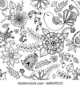 Seamless pattern of hand drawn sketch style abstract flowers and birds. Vector illustration.