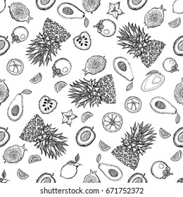 Seamless pattern of hand drawn sketch style tropical fruits. Vector illustration.