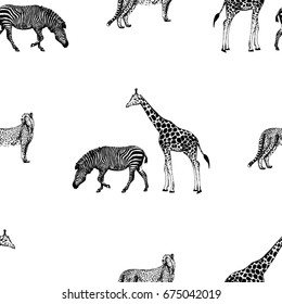Seamless pattern of hand drawn sketch style giraffe, zebra and cheetah. Vector illustration isolated on white background.
