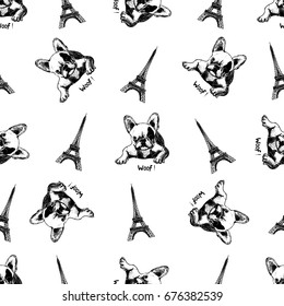 Seamless pattern of hand drawn sketch style Eiffel Tower and french bulldog. Vector illustration isolated on white background.