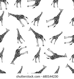 Seamless pattern of hand drawn sketch style giraffes. Vector illustration isolated on white background.