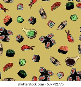 Seamless pattern of hand drawn sketch style sushi. Isolated vector illustration.