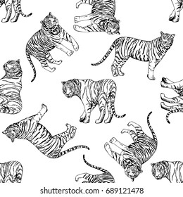 Seamless pattern of hand drawn sketch style tigers. Vector illustration isolated on white background.