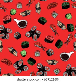 Seamless pattern of hand drawn sketch style sushi. Vector illustration isolated on red background.