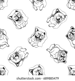 Seamless pattern of hand drawn sketch style bulldogs. Vector illustration isolated on white background.