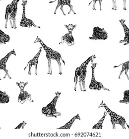 Seamless pattern of hand drawn sketch style giraffes. Vector illustration.
