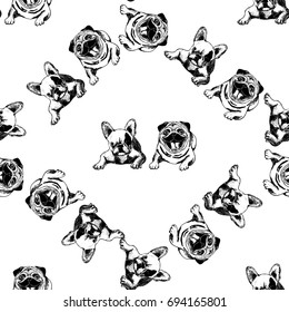 Seamless pattern of hand drawn sketch style dogs. Vector illustration isolated on white background.