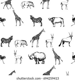 Seamless pattern of hand drawn sketch style African animals. Vector illustration isolated on white background.