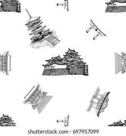Seamless pattern of hand drawn sketch style Japanese castle, temples and gates. Vector illustration isolated on white background.