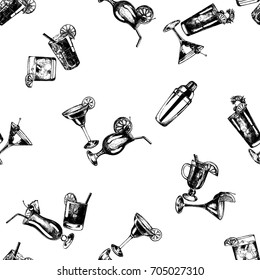 Seamless pattern of hand drawn sketch style alcoholic drinks. Vector illustration isolated on white background.