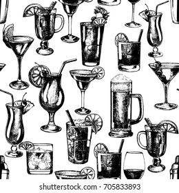 Seamless pattern of hand drawn sketch style alcoholic drinks. Vector illustration isolated on white background.