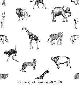 Seamless pattern of hand drawn sketch style animals. Vector illustration isolated on white background.