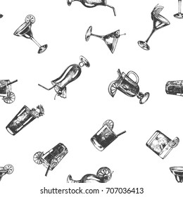 Seamless pattern of hand drawn sketch style alcoholic drinks. Vector illustration isolated on white background.