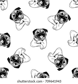Seamless pattern of hand drawn sketch style pugs. Vector illustration isolated on white background.