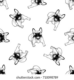 Seamless pattern of hand drawn sketch style bulldogs. Vector illustration isolated on white background.