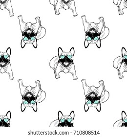 Seamless pattern of hand drawn sketch style bulldogs. Vector illustration isolated on white background.