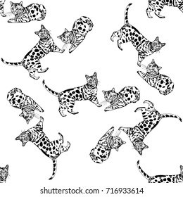 Seamless pattern of hand drawn sketch style bengal cats. Vector illustration isolated on white background.