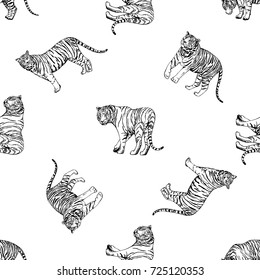 Seamless pattern of hand drawn sketch style tigers. Vector illustration isolated on white background.