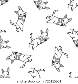 Seamless pattern of hand drawn sketch style bullterrier dog. Vector illustration.