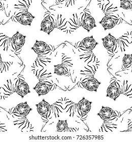 Seamless pattern of hand drawn sketch style tigers. Vector illustration isolated on white background.