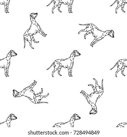 Seamless pattern of hand drawn sketch style dalmatian dog.Vector illustration isolated on white background