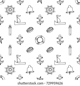 Seamless pattern of hand drawn sketch style marine subjects.Vector illustration isolated on white background