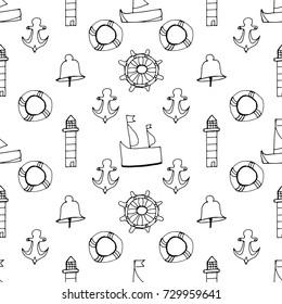 Seamless pattern of hand drawn sketch style marine subjects.Vector illustration isolated on white background