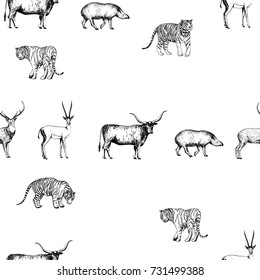 Seamless pattern of hand drawn sketch style animals. Vector illustration isolated on white background.