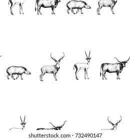 Seamless pattern of hand drawn sketch style animals. Vector illustration isolated on white background.