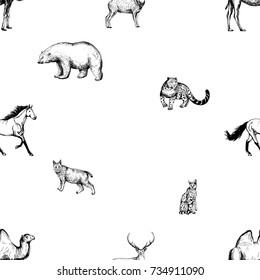 Seamless pattern of hand drawn sketch style animals. Vector illustration isolated on white background.