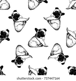 Seamless pattern of hand drawn sketch style french bulldog puppies. Vector illustration isolated on white background.