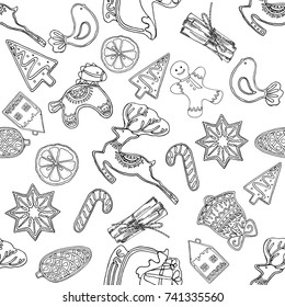 Seamless pattern of hand drawn sketch style Christmas and New Year themed objects. Vector illustration isolated on white background.