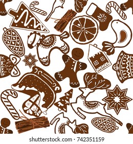 Seamless pattern of hand drawn sketch style Christmas and New Year themed objects. Vector illustration isolated on white background.