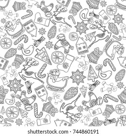 Seamless pattern of hand drawn sketch style Christmas and New Year themed objects. Vector illustration isolated on white background.