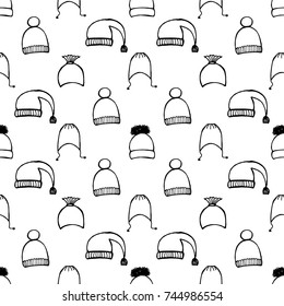 Seamless pattern of hand drawn sketch style set of caps Vector illustration isolated on white background.