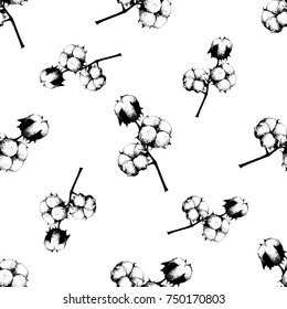 Seamless pattern of hand drawn sketch style cotton plant. Vector illustration isolated on white background.