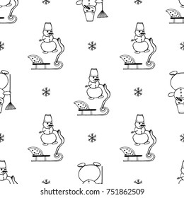 Seamless pattern of hand drawn sketch style funny snowmen. Vector illustration isolated on white background.