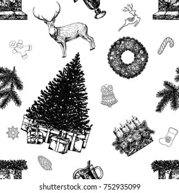 Seamless pattern of hand drawn sketch style Christmas and New Year themed objects and elements. Vector illustration isolated on white background.