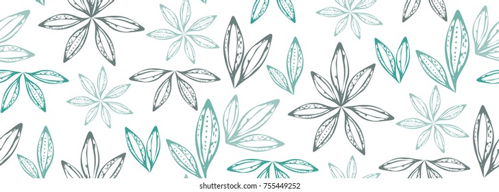 Seamless pattern of hand drawn sketch style leaves flowers. vector illustration