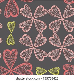 Seamless pattern of hand drawn sketch style leaves, flowers. vector illustration