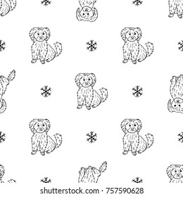 Seamless pattern of  hand drawn sketch style puppies.Vector illustration isolated on white background