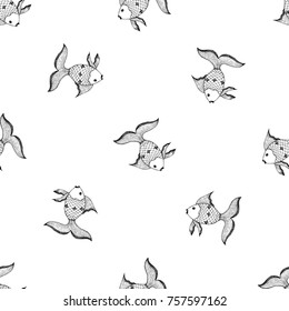 Seamless pattern of hand drawn sketch style gold fish. Vector illustration isolated on white background.