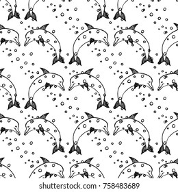 Seamless pattern of hand drawn sketch style dolphin.Vector illustration isolated on white background.