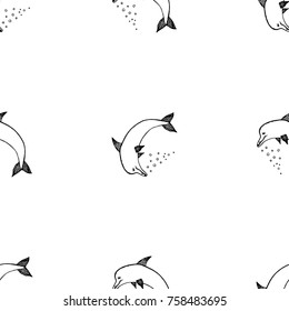Seamless pattern of hand drawn sketch style dolphin.Vector illustration isolated on white background.