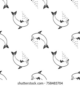 Seamless pattern of hand drawn sketch style dolphin.Vector illustration isolated on white background.