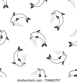 Seamless pattern of hand drawn sketch style dolphin.Vector illustration isolated on white background.