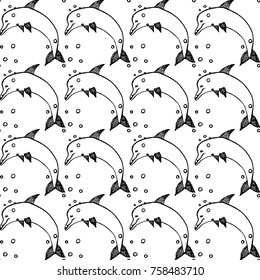 Seamless pattern of hand drawn sketch style dolphin.Vector illustration isolated on white background.